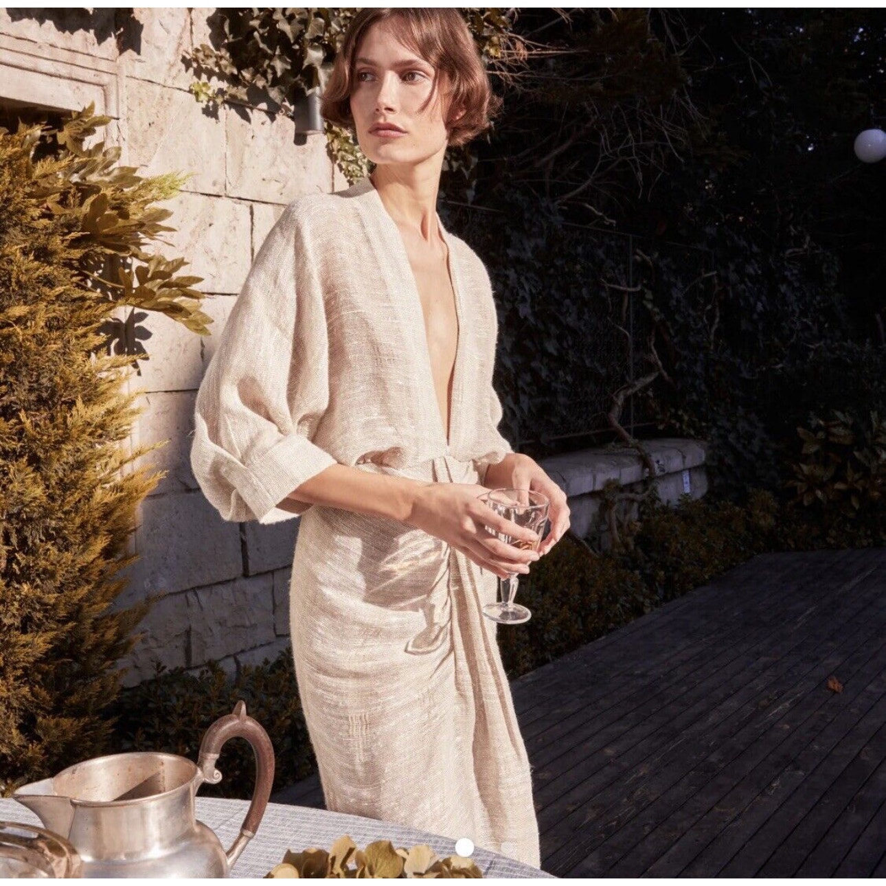 Piece Of White Audrey Dress Beige Raw Silk Dolman Sleeves Resort Size 34/Xs Nwt — image 3 of 8